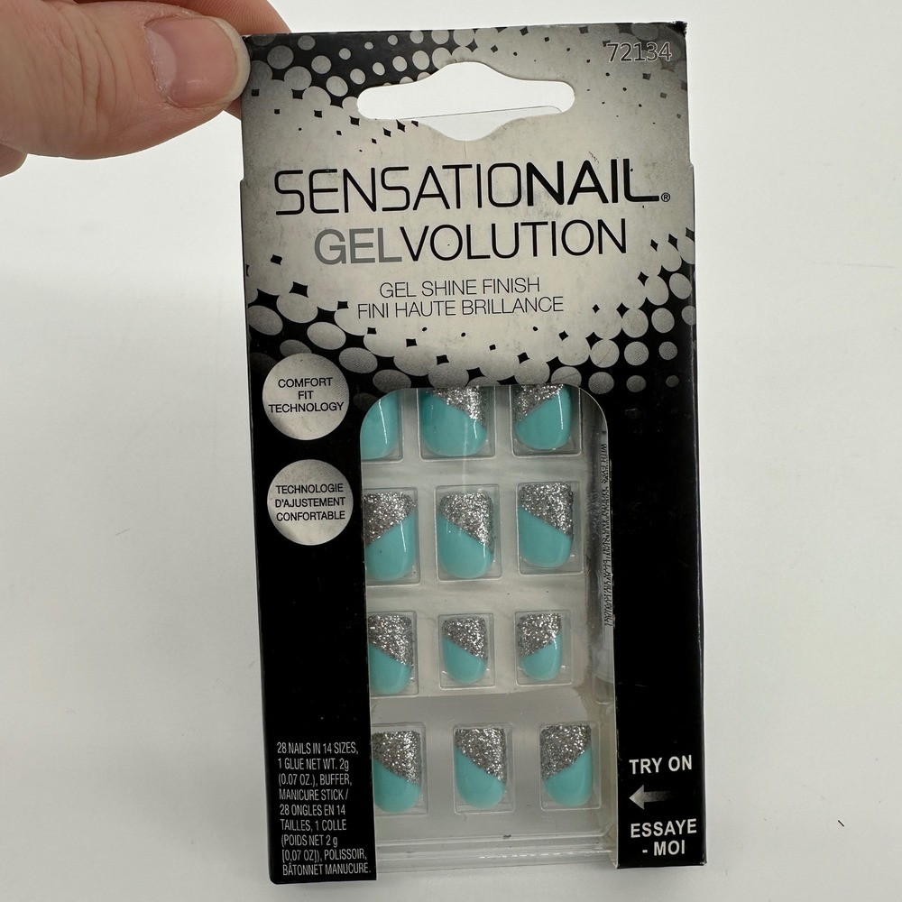 Sensationail Gelvolution Aqua Shine 72134 Press On Nails Teal Silver Glitter 28c - Picture 2 of 4